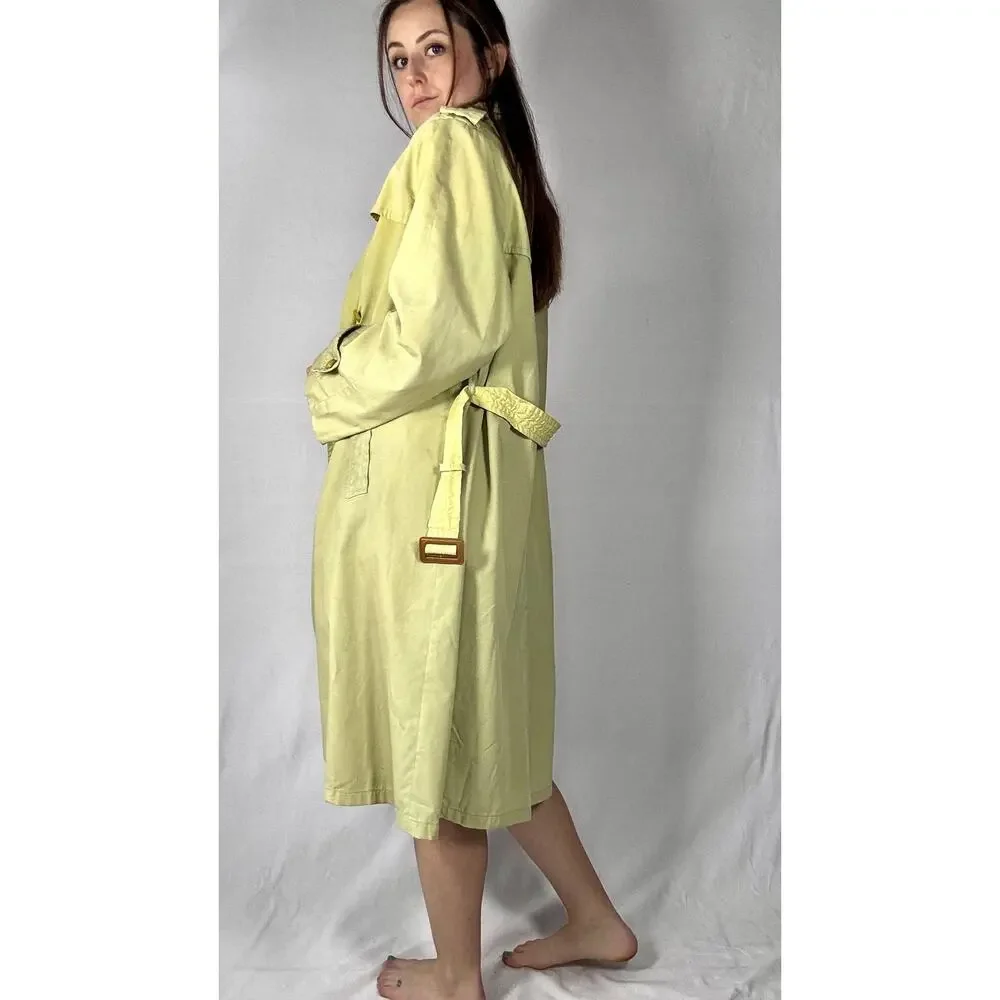 Vintage 1980s Hand Dyed Ombre Dip Dye Trench Coat Yellow Green Double Breasted